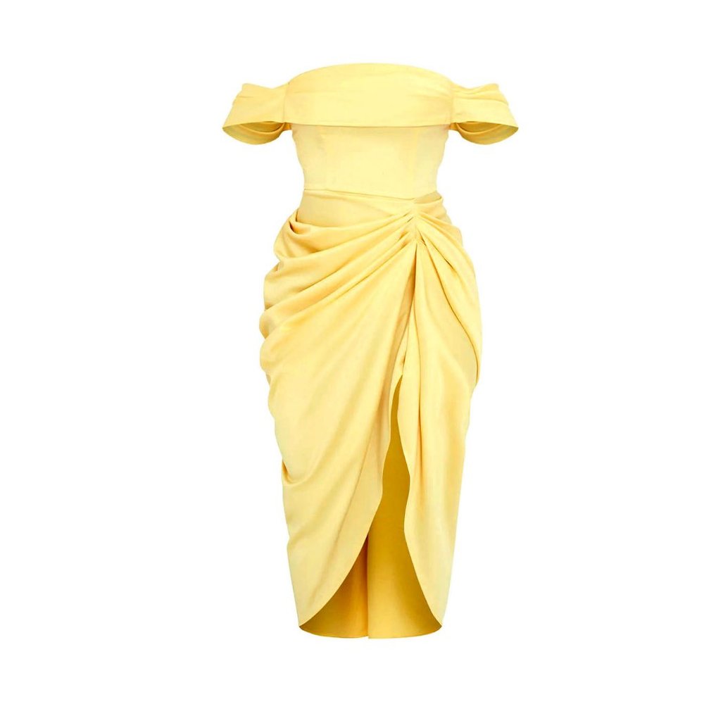 PRETTYLITTLETHING Lemon Satin Draped Bardot Midi Dress